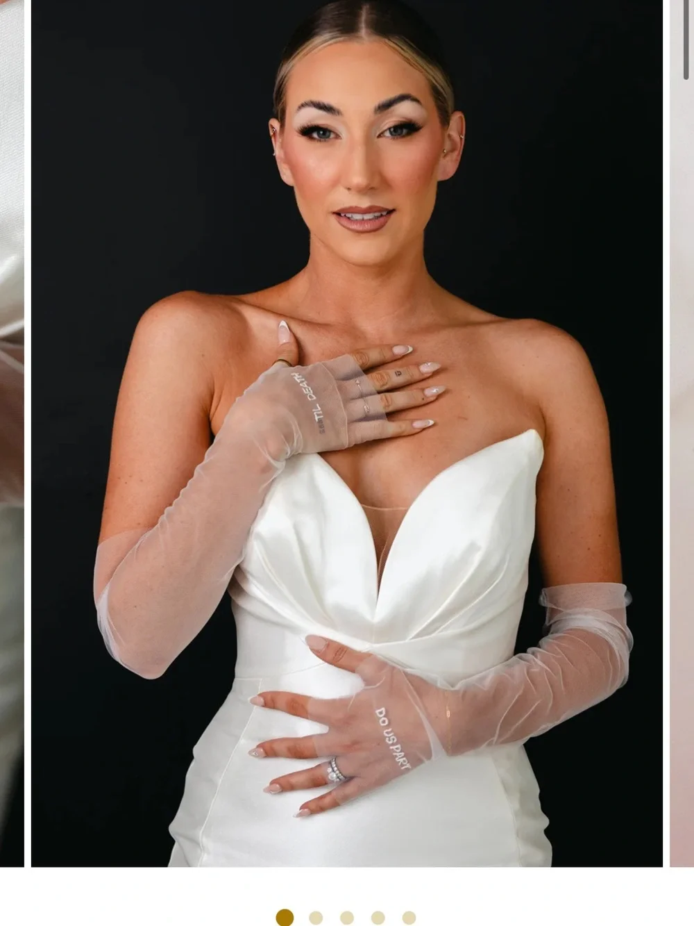 Sheer White Bridal Mesh Gloves with Embroidered 'Til Death Do Us Part'